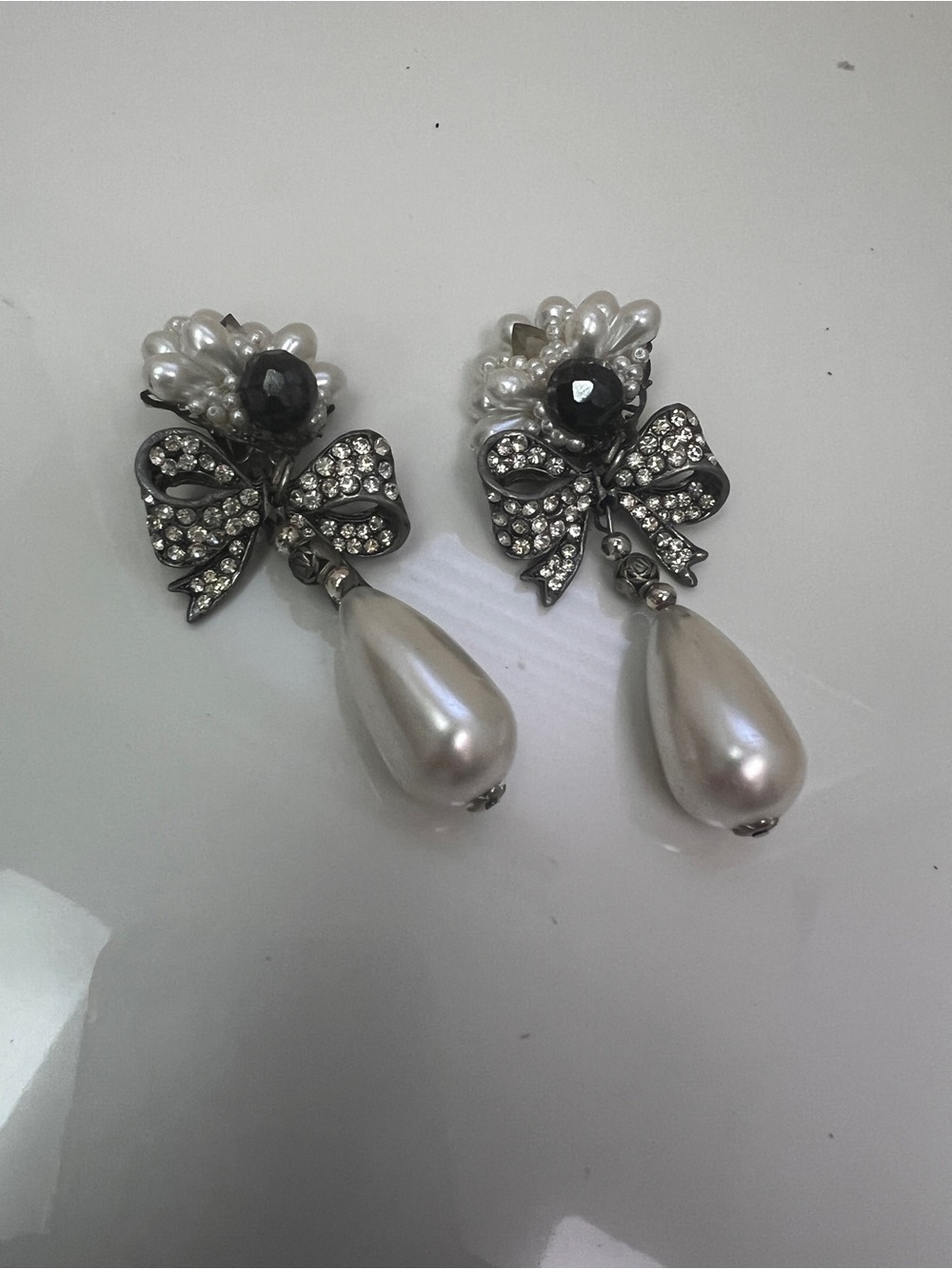 Pearl Teardrop Bow Drop Earrings - Silver Tone